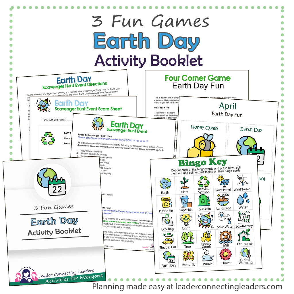 Earth Day Scavenger Hunt,  Bingo, and 4 Corner Game Activity Booklet